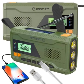 PRZENOŚNE RADIO SOLARNE KORBKA ALARM SOS DYNAMO POWERBANK LATARKA LED 4W1