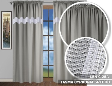 ZASŁONA GOTOWA LEN MATOWY CYRKONIE 250X145 TAŚMA SREBRNA