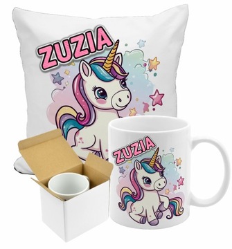 Zestaw kubek poduszka Unicorn, Jednorożec + dowolne imię tekst na prezent