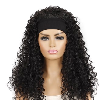 Long curly fiber wig, headpiece