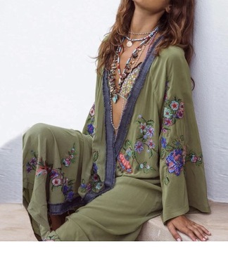 SUKIENKA kimono orientalne w kwiaty zielone