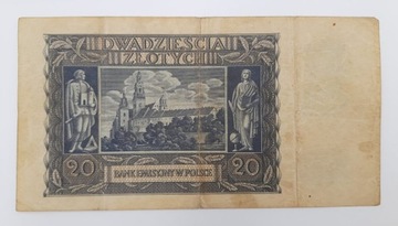 Старая коллекционная банкнота Польша 20 злотых 1940 года.