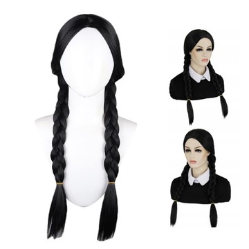 Peruka Wednesday Addams Naturalna Syntetyczne Włókno 56cm