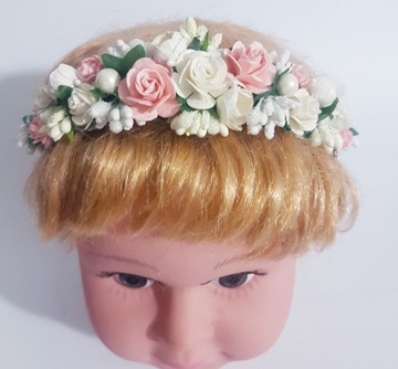 OPASKA KWIATY ECRU+RÓŻ KOMUNIA RÓŻYCZKI