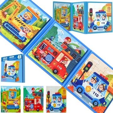 MAGNETYCZNE PUZZLE KSIĄŻECZKA POJAZDY POLICJA STRAŻ