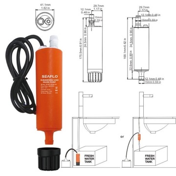 ВОДЯНОЙ НАСОС 12 В ПОГРУЖНОЙ + РАСХОД 18 Л/МИН Кабель 5 м с зажимами типа «крокодил»