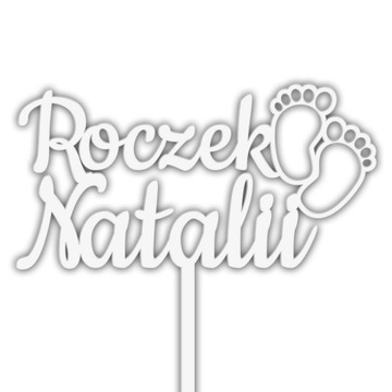 TOPPER NAPIS TORT ROCZEK STÓPKI DOWOLNE IMIĘ BIAŁY