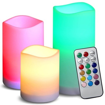 ŚWIECE ŚWIECA LAMPKA LED NA PILOT świeczki parafinowa 12 kolorów 3 szt.