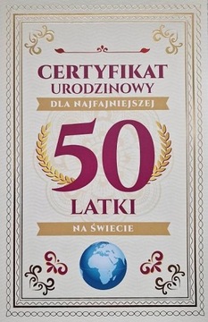 KARNET CERTYFIKAT URODZINOWY 50 URODZINY DAMSKIE