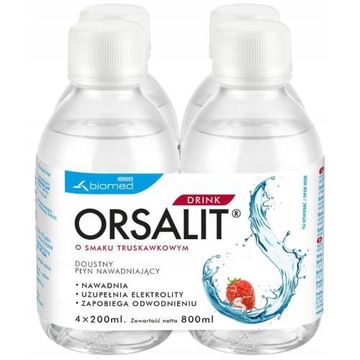 ORSALIT DRINK - PŁYN NAWADNIAJĄCY / SMAK TRUSKAWKOWY / 4x200ml/ ELEKTROLITY