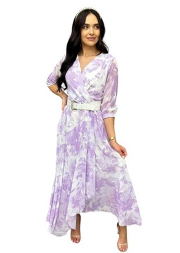 Sukienka asymetryczna maxi ESITO rozmiar S 36 biało fioletowa z paskiem