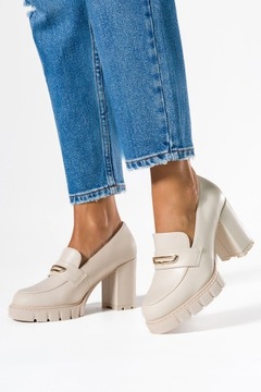 ЭЛЕГАНТНЫЕ ЖЕНСКИЕ МОКАСИНЫ, ТУФЛИ, СТАБИЛЬНЫЕ, МОДНЫЕ, БЕЖЕВЫЕ, размер 39