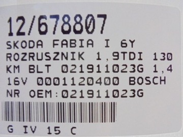 SKODA FABIA 1 I 99-08 1.4 STARTÉR 021911023G