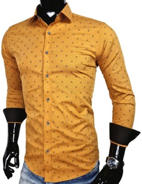 Koszula męska brązowa we wzory slim fit EN573 dodatek elastanu r. M