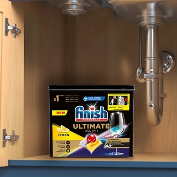 Универсальные капсулы Finish Ultimate для посудомоечной машины в банке по 100 штук.