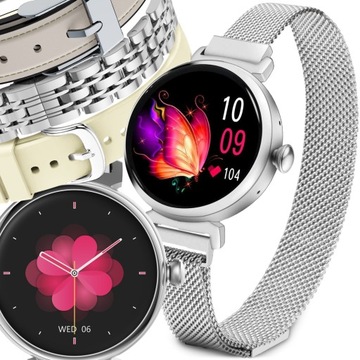 SREBRNY SMARTWATCH DAMSKI POLSKIE MENU POŁĄCZENIA 4 PASKI IDEALNY PREZENT