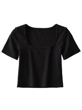Women Square Neck Rib Crop T-shirt Short Sleeve Cr