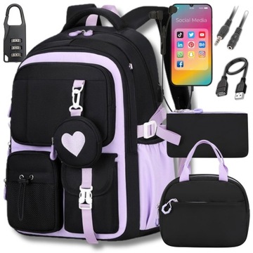 PLECAK SZKOLNY DLA DZIEWCZYNKI TORNISTER PIÓRNIK LUNCHBOX ŚNIADANIÓWKA 7w1