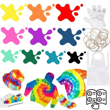 BARWNIKI DO UBRAŃ 11 KOLORÓW ZESTAW TIE-DYE DO BARWIENIA TKANIN AKCESORIA