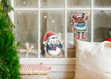 РОЖДЕСТВЕНСКАЯ наклейка на окно ПИНГВИН - ПОДАРОК