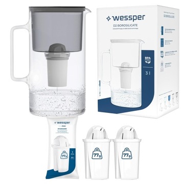 SZKLANY DZBANEK WESSPER D2 BOROSILICATE AQUACLASSIC 3l + 3x Filtr Wkład