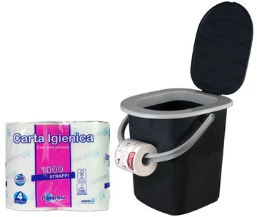TOALETA PRZENOŚNA TURYSTYCZNA WIADRO KEMPINGOWE MOBILNE WC + PAPIER 4 ROLKI