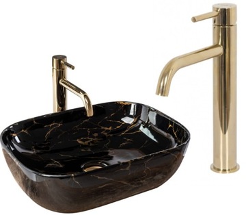 Накладная раковина Belinda Black Marble Rea + золотой смеситель + пробка