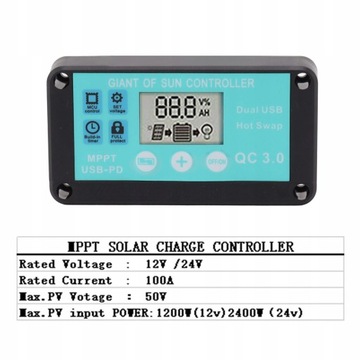 КОНТРОЛЛЕР СОЛНЕЧНОЙ ЗАРЯДКИ 100А 12В/24В