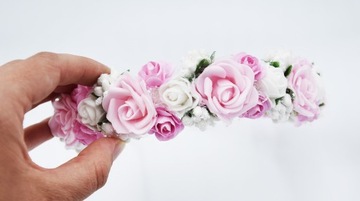 OPASKA różówa wianek komunijny kwiaty różowe na głowę na komunije wesele