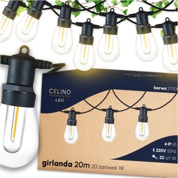 Girlanda Ogrodowa Świetlna Balkonowa Tarasowa 20m 20x Żarówek LED 2 GRATIS