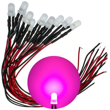 DIODY LED 12V 5mm RÓŻOWE MATOWE - przewody o długości 20cm | komplet 10 SZT