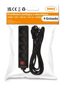 Przedłużacz Listwa Zasilająca 4 Gniazda 3m z Wyłącznikiem Czarny 16A 3680W