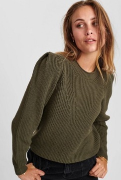 Sweter zielony buffki ramiona prążki khaki numph 36/38 bawełna