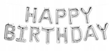 BALONY foliowe NAPIS HAPPY BIRTHDAY srebrne LITERY baner urodziny metalic