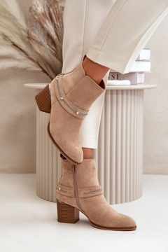 БОТИНКИ ЖЕНСКИЕ НА ЦЕПИ, ВЫСОКИЙ КАБЛУК, ЭКО ЗАМША, УТЕПЛЕННЫЙ, БЕЖЕВЫЙ 38