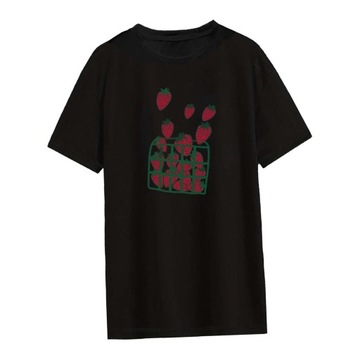 Damska koszulka z krótkim rękawem, okrągłym dekoltem, swobodnym nadrukiem w owoce, miękka, modna XL