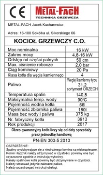 Tabliczka znamionowa na kocioł, piec Metal-Fach