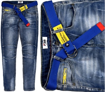 F26 Wygodne Jeans SPODNIE Elastyczne Gniecione Pasek Wiosna - 25 - 140/146
