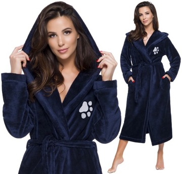 DŁUGI PUCHOWY DAMSKI SZLAFROK PODOMKA ŁAPKA XL