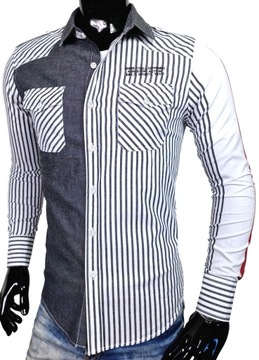 Koszula męska czarna w paski slim KD132 r. M