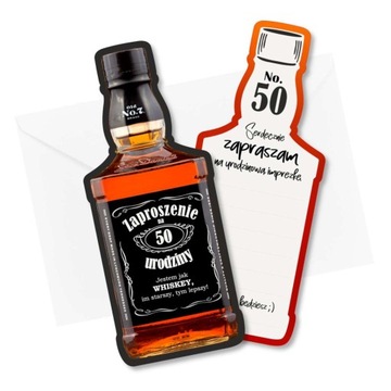 ZAPROSZENIE dwustronne BUTELKA WHISKY na 50 urodziny 1 szt Z KOPERTAMI