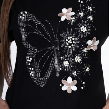 T-shirt na krótki rękaw z kwiatem Megi Czarny - L/XL