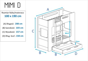 Детская двухъярусная кровать с ящиком MIMI DL WHITE 100x190 ECO