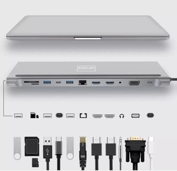 АДАПТЕР-концентратор ДОК-СТАНЦИИ USB-C 12in1 RJ45 2x HDMI 4K ETHERNET VGA USB 3.0