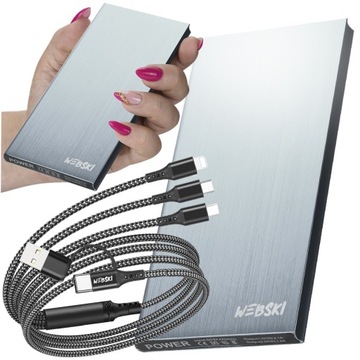 POWERBANK 20000 mAh Z DWOMA PORTAMI USB Z LATARKĄ LED+MOCNY KABEL 3W1 NYLON