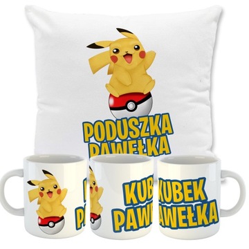 ZESTAW PODUSZKA + KUBEK POKEMONY IMIĘ PREZENT HIT