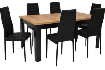 Duży Rozsuwany stół 90x160/200 blat DĄB KRAFT i 6 krzeseł z EKOSKÓRY WELURU