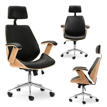 WYGODNY FOTEL Z WYSOKIM OPARCIEM Z DREWNA GIĘTEGO FRANK DĄB CZARNA EKOSKÓRA