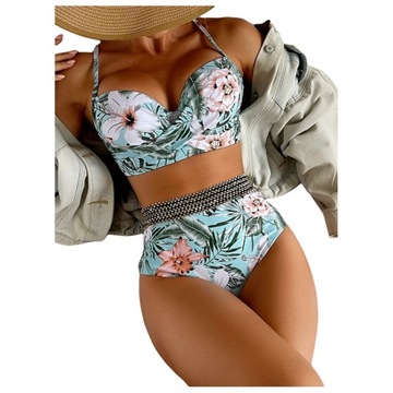STRÓJ KĄPIELOWY BIKINI WYSOKI STAN KWIATY KOLORY XL