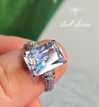 Pierścionek Srebrny Duży Kamień Diamond Elegance Stal Platynowana EU17